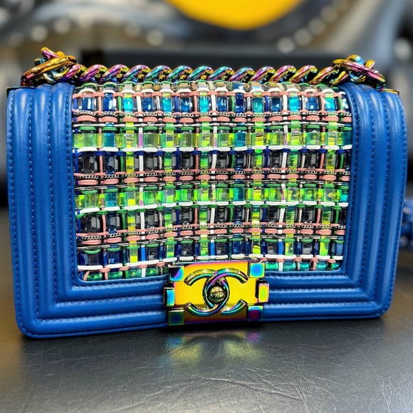 Chanel Old Small Boy Flap Bag Blue Rainbow Woven PVC with Lambskin Multicolor Gr - Picture 7 of 16